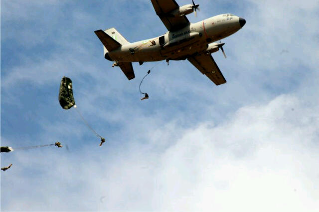 Nigerian Army paratroopers jump off an Alenia G222 plane during 'NADCEL 2012' at Jaji